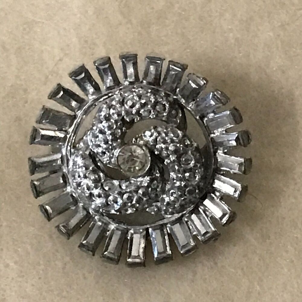 Vintage Strauss Import Marked Baguette and Round Clear Rhinestone Brooch Pin